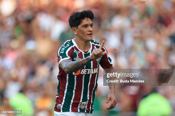 German Cano of Fluminense celebrates after scoring the sixth goal of his team during a Campeonato Carioca 2023 second-leg semifinal match between...