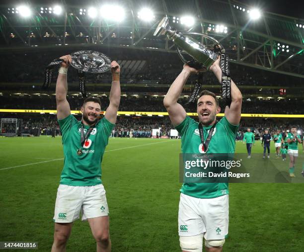 Robbie Henshaw and Jack Conan celebrate after their Grand Slam victory during the Six Nations Rugby match between Ireland and England at Aviva...