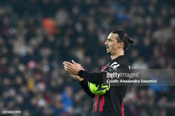 Zlatan Ibrahimovic of AC Milan reacts during the Serie A match between Udinese Calcio and AC Milan at Dacia Arena on March 18, 2023 in Udine, Italy.