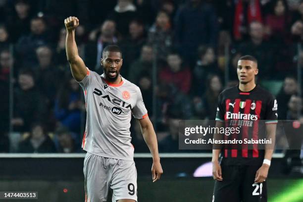 Beto of Udinese Calcio celebrates after scoring the team's second goal during the Serie A match between Udinese Calcio and AC Milan at Dacia Arena on...