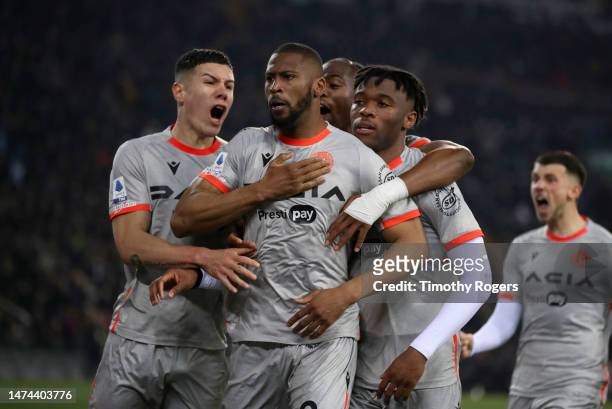 Beto of Udinese celebrates scoring with teammates during the Serie A match between Udinese Calcio and AC Milan at the Dacia Arena on March 18, 2023...