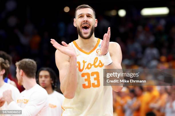 Uros Plavsic of the Tennessee Volunteers celebrates after defeating the Duke Blue Devils in the second round of the NCAA Men's Basketball Tournament...