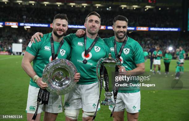 Robbie Henshaw ,Jack Conan and Conor Murray celebrate after their Grand Slam victory during the Six Nations Rugby match between Ireland and England...