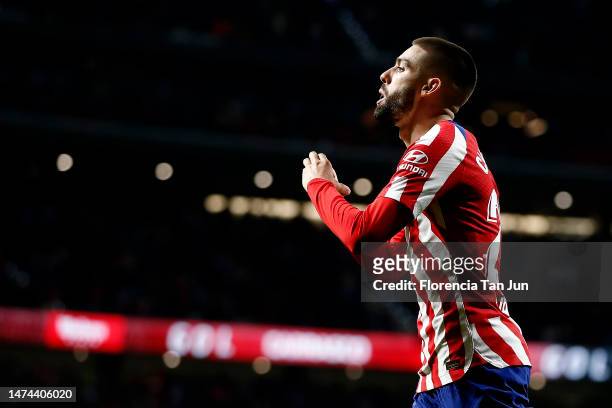 Yannick Ferreira Carrasco of Atletico Madrid celebrates after scoring the team's second goal during the LaLiga Santander match between Atletico de...