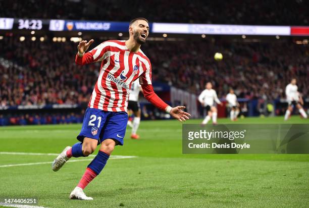 Yannick Carrasco of Atletico de Madrid reacts after missing a goal scoring opportunity during the LaLiga Santander match between Atletico de Madrid...