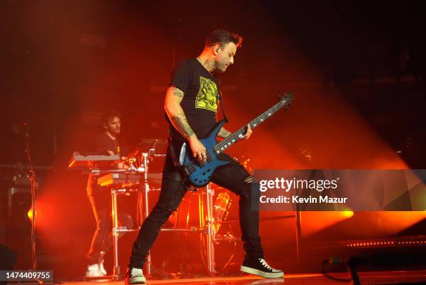 Christopher Wolstenholme of Muse performs onstage during the "Will Of The People" World Tour opener at United Center on February 25, 2023 in Chicago,...