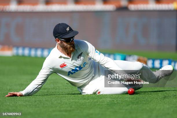 Kane Williamson of New Zealand fields the ball during day three of the Second Test Match between New Zealand and Sri Lanka at Basin Reserve on March...