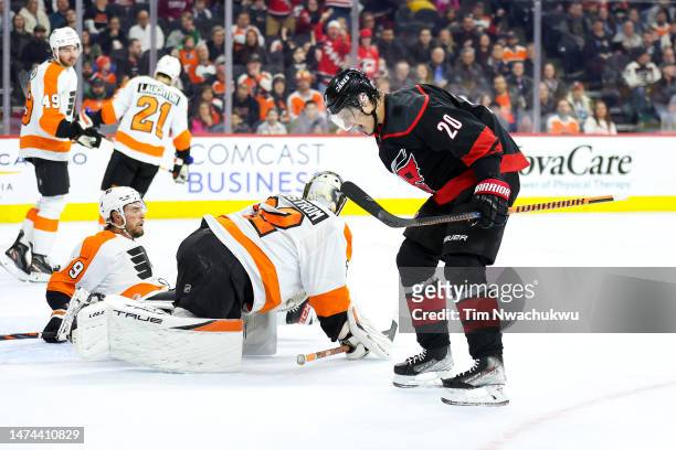 Sebastian Aho of the Carolina Hurricanes reacts after scoring during the first period against the Philadelphia Flyers aft at Wells Fargo Center on...