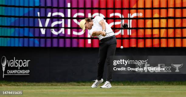 Tommy Fleetwood of England plays his shot from the 18th tee during the third round of the Valspar Championship at Innisbrook Resort and Golf Club on...