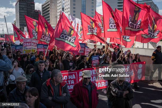 Workers and pensioners protest against poor economic and social conditions during a demonstration organized by CGTP on March 18, 2023 in Lisbon,...