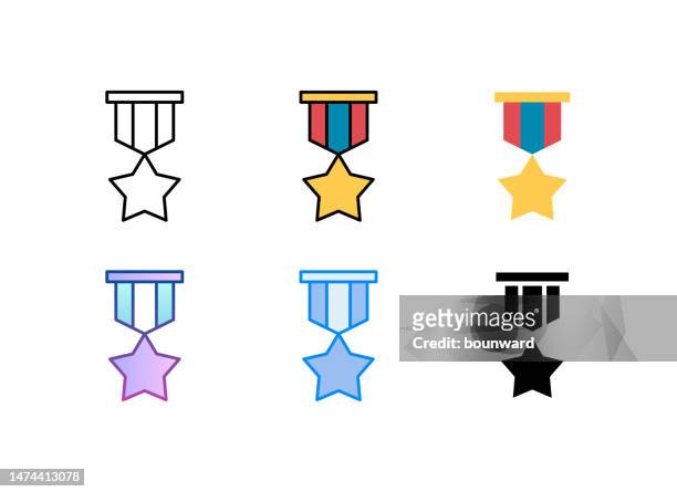 medaille. symbol für armeeauszeichnungen. 6 verschiedene stile. bearbeitbarer strich. - kleidung geordnet stock-grafiken, -clipart, -cartoons und -symbole