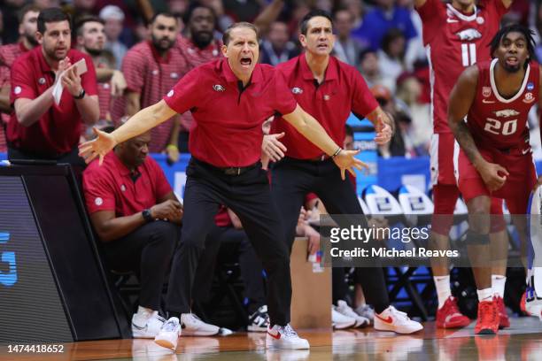 Head coach Eric Musselman of the Arkansas Razorbacks reacts during the second half against the Kansas Jayhawks in the second round of the NCAA Men's...