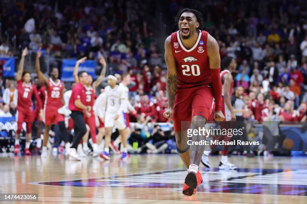Kamani Johnson of the Arkansas Razorbacks reacts against the Kansas Jayhawks during the second half in the second round of the NCAA Men's Basketball...