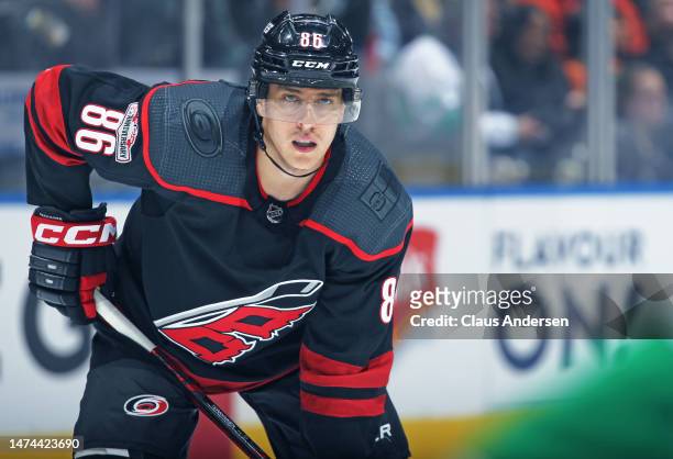 Teuvo Teravainen of the Carolina Hurricanes waits for a faceoff against the Toronto Maple Leafs during an NHL game at Scotiabank Arena on March 17,...