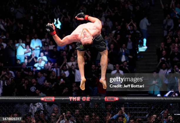 Justin Gaethje reacts after his victory over Rafael Fiziev of Kazakstan in a lightweight fight during the UFC 286 event at The O2 Arena on March 18,...
