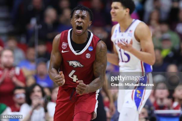 Davonte Davis of the Arkansas Razorbacks reacts against the Kansas Jayhawks during the second half in the second round of the NCAA Men's Basketball...