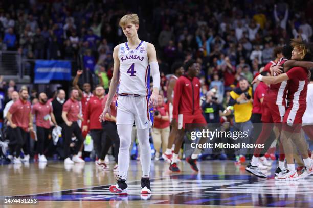 Gradey Dick of the Kansas Jayhawks reacts after being defeated by the Arkansas Razorbacks in the second round of the NCAA Men's Basketball Tournament...