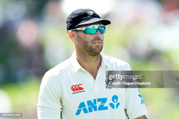 Doug Bracewell of New Zealand looks on during day three of the Second Test Match between New Zealand and Sri Lanka at Basin Reserve on March 19, 2023...