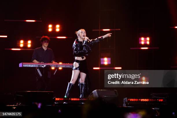 Ana Mena performs on stage during "La Noche De Cadena 100" charity concert 2023 at WiZink Center on March 18, 2023 in Madrid, Spain.