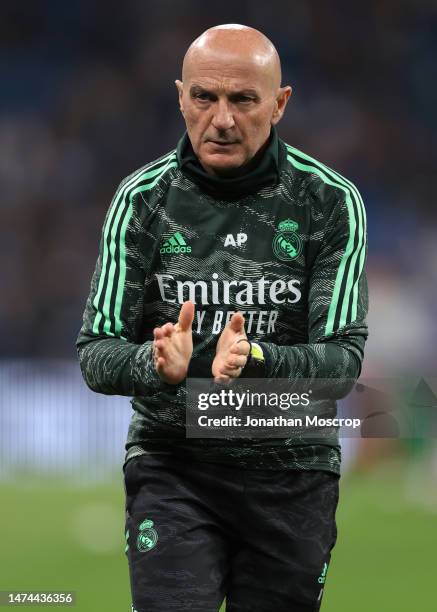 Antonio Pintus Real Madrid Fitness Coach reacts during the warm up prior to the UEFA Champions League round of 16 leg two match between Real Madrid...