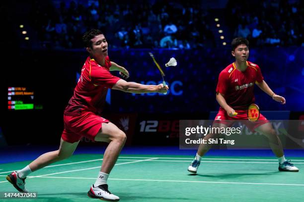 He Jiting and Zhou Haodong of China compete in the Men's Doubles semi finals match against Fajar Alfian and Muhammad Rian Ardianto of Indonesia on...