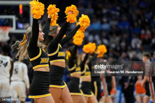 The Missouri Tigers cheerleaders perform during the second half against the Princeton Tigers in the second round of the NCAA Men's Basketball...