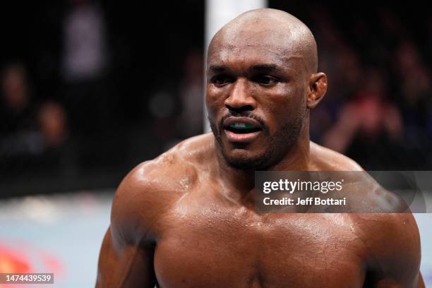 Kamaru Usman of Nigeria is seen during his UFC welterweight championship fight against Leon Edwards of Jamaica during the UFC 286 event at The O2...