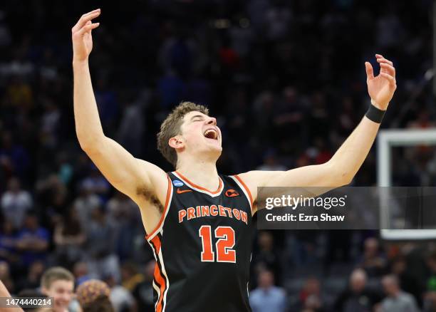 Caden Pierce of the Princeton Tigers reacts after the 78-63 victory over the Missouri Tigers in the second round of the NCAA Men's Basketball...