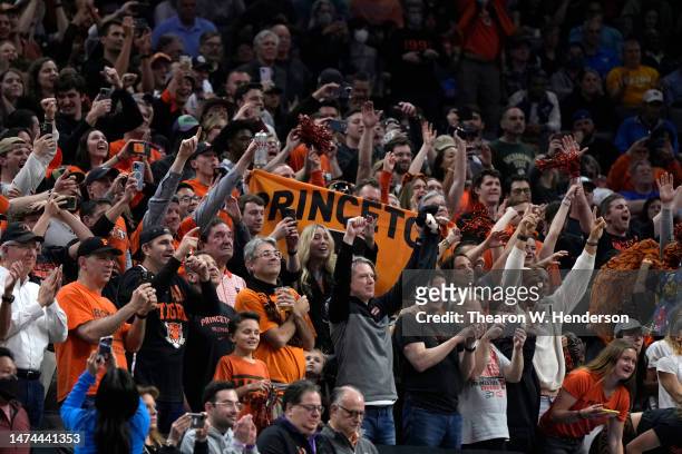 Princeton Tigers fans cheer during the second half against the Missouri Tigers in the second round of the NCAA Men's Basketball Tournament at Golden...