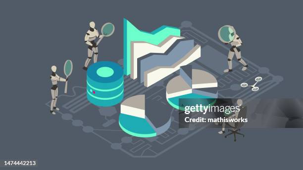 ai data analyst robots - machine learning isometric stock illustrations