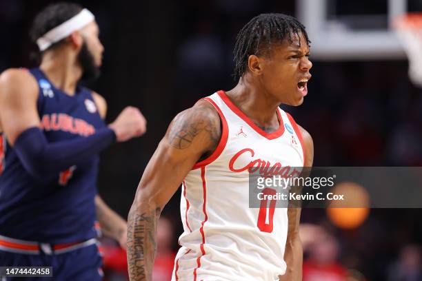 Marcus Sasser of the Houston Cougars reacts during the second half against the Auburn Tigers in the second round of the NCAA Men's Basketball...