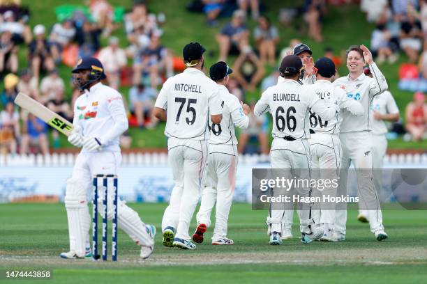 Michael Bracewell of New Zealand celebrates after taking the wicket of Dhananjaya De Silva of Sri Lanka during day three of the Second Test Match...