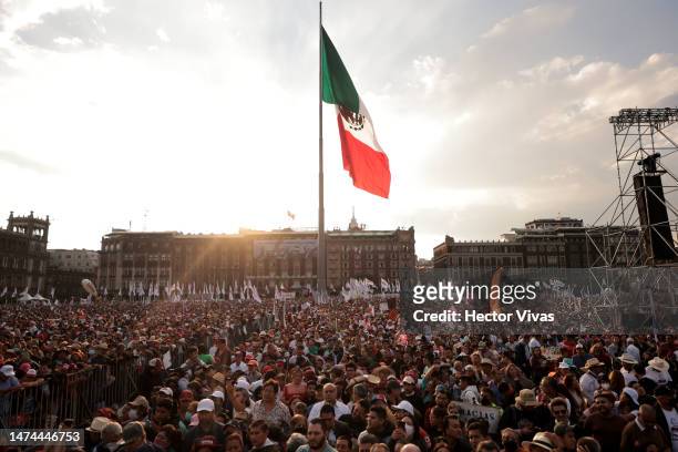 Supporters of Lopez Obrador gather for the 85th anniversary of the Mexican Oil Expropriation at Zocalo on March 18, 2023 in Mexico City, Mexico. AMLO...