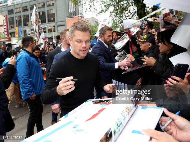 Matt Damon and Ben Affleck attend the world premiere of "Air" at the Paramount Theatre during the 2023 SXSW Conference And Festival on March 18, 2023...