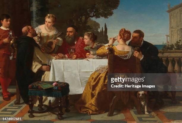 Banquet - Sebastiano del Piombo and Jacopo Strada visits Titian in Venice, 1862. Private Collection. Creator: Kraus, Friedrich .