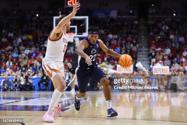Jalen Pickett of the Penn State Nittany Lions drives to the basket against Timmy Allen of the Texas Longhorns during the second half in the second...