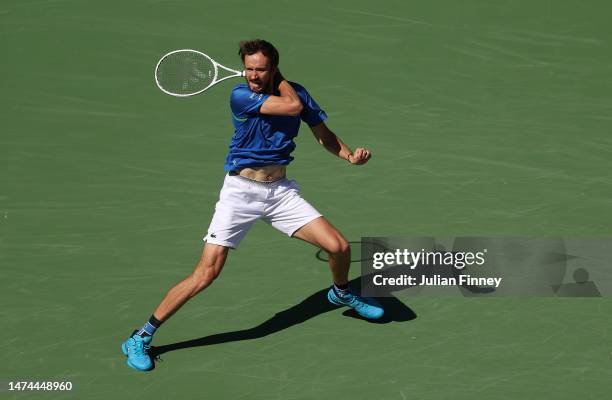 Daniil Medvedev in action against Frances Tiafoe of USA in the semi final during the BNP Paribas Open on March 18, 2023 in Indian Wells, California.