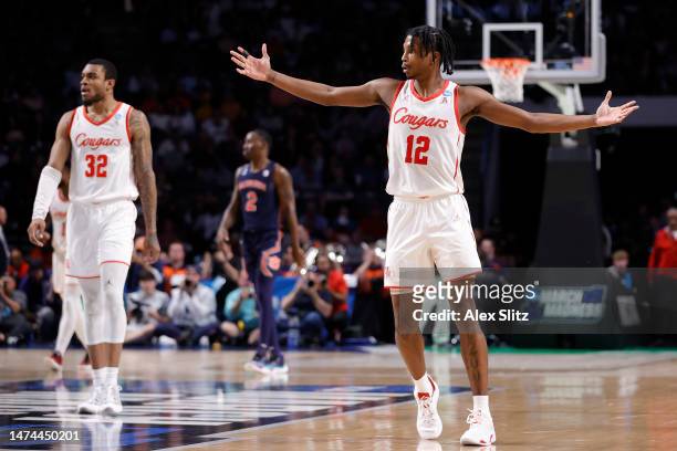 Tramon Mark of the Houston Cougars celebrates after defeating the Auburn Tigers 81-64 in the second round of the NCAA Men's Basketball Tournament at...