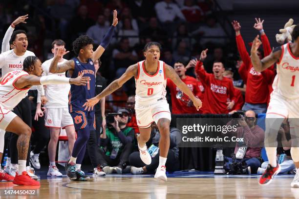 Marcus Sasser of the Houston Cougars reacts after a basket during the second half against the Auburn Tigers in the second round of the NCAA Men's...