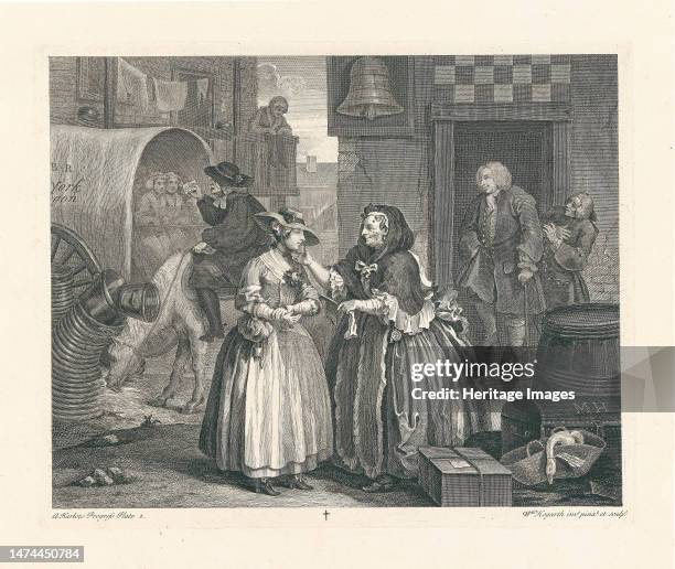Harlot's Progress. Plate 1: Moll Hackabout arrives in London at the Bell Inn, Cheapside, 1732. Private Collection. Creator: Hogarth, William .