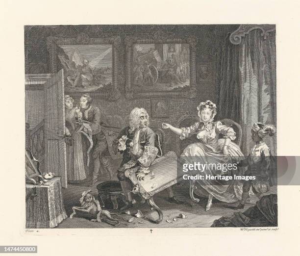 Harlot's Progress. Plate 2: Moll is now a kept woman, the mistress of a wealthy merchant, 1732. Private Collection. Creator: Hogarth, William .