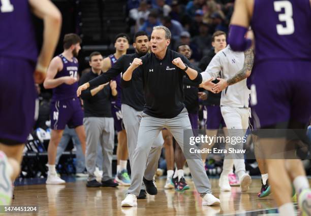 Head coach Chris Collins of the Northwestern Wildcats reacts after the conclusion of the first half against the UCLA Bruins in the second round of...