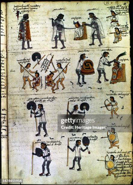 Codex Mendoza , hieroglyph depicting the execution and destruction of a rebel chief , the murder of two Mexican merchants , emissaries attacked by...
