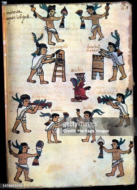 Tudela Codex. 1553. Mitote 'Areyto o bayle'. Crowning the page are two Indians playing the maracas, one with a mosquito net and the other with a...