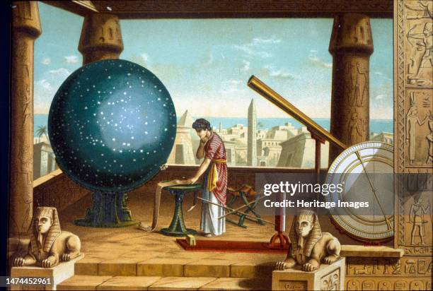 Ptolemy, Claudius . Greek astronomer, mathematician and geographer, in the Alexandria observatory. Chromolitography from 1883. Creator: Unknown.