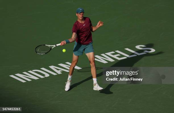 Jannik Sinner of Italy in action in his match against Carlos Alcaraz of Spain in the semi final during the BNP Paribas Open on March 18, 2023 in...