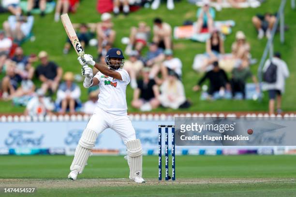 Dimuth Karunaratne of Sri Lanka bats during day three of the Second Test Match between New Zealand and Sri Lanka at Basin Reserve on March 19, 2023...