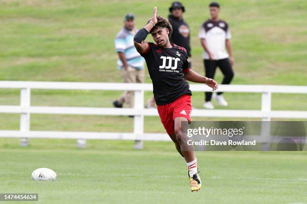 Nic Sauira of the Crusaders celebrates scoring a try during the U20 Super Rugby match between New Zealand Barbarians and Crusaders at Owen Delany...