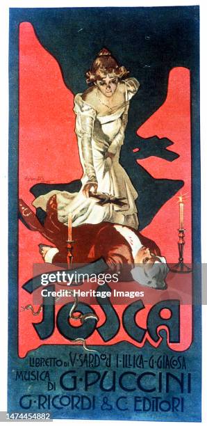Poster for the Opera Tosca by Giacomo Puccini, Edited in Milan, 1900. Creator: Hohenstein, Adolpho .
