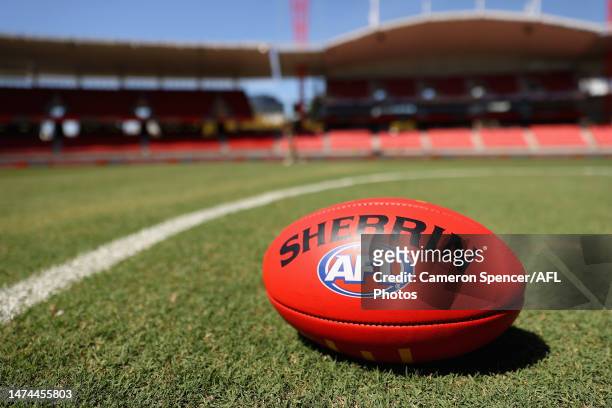 Match ball Sherrin is seen during the round one AFL match between Greater Western Sydney Giants and Adelaide Crows at GIANTS Stadium, on March 19 in...